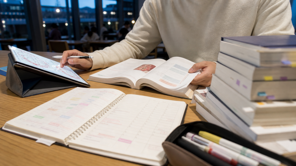 医学部の勉強量をイメージした医学生の学習机