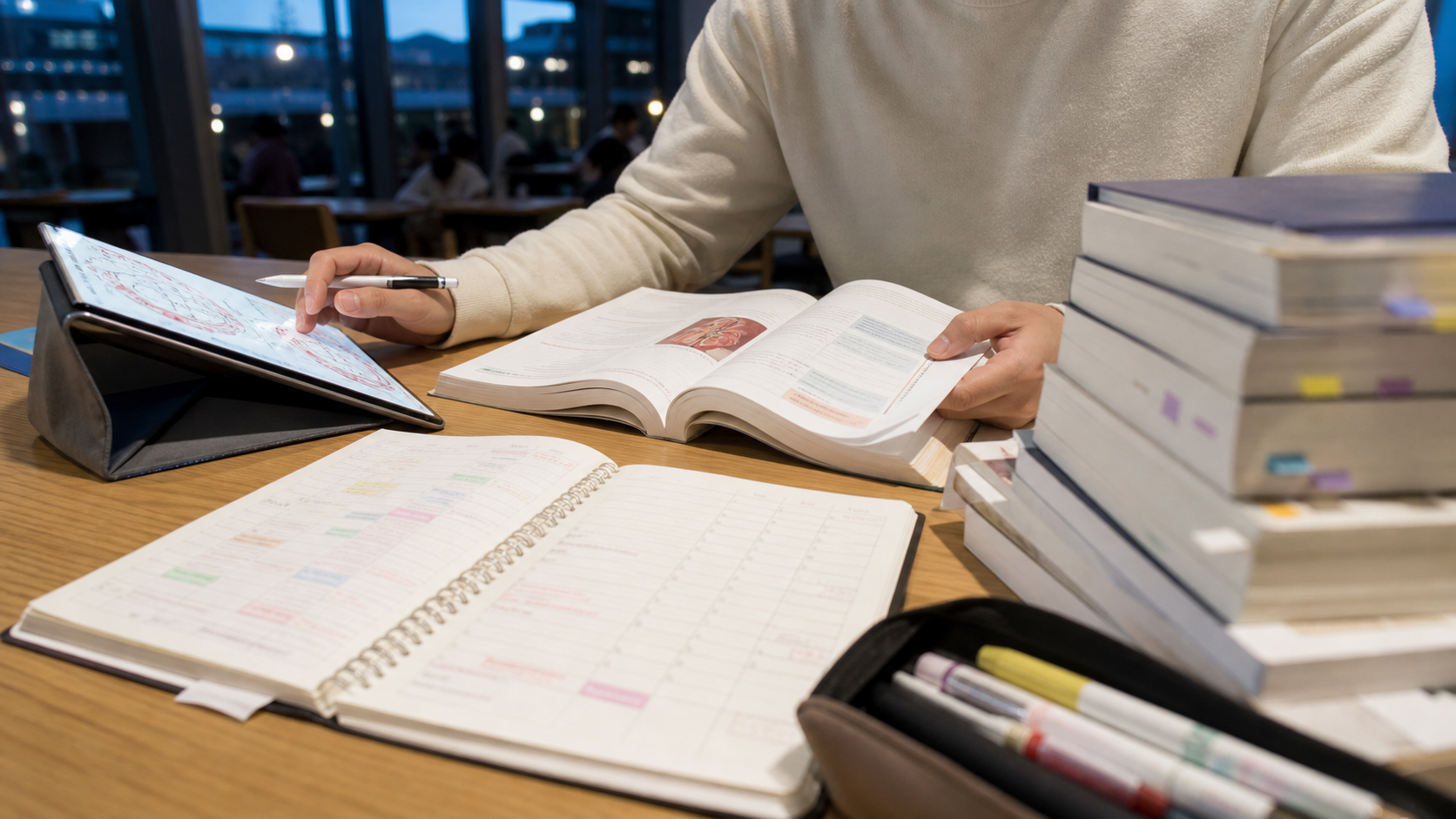 医学部の勉強量をイメージした医学生の学習机