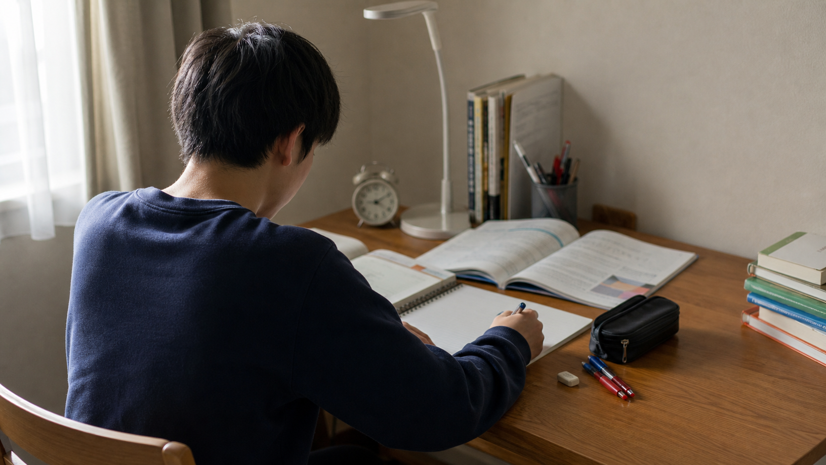 机で勉強する受験生の後ろ姿